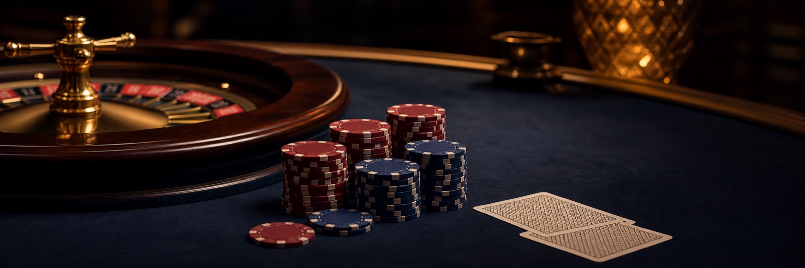 Roulette wheel and red and navy casino chips on a dark table